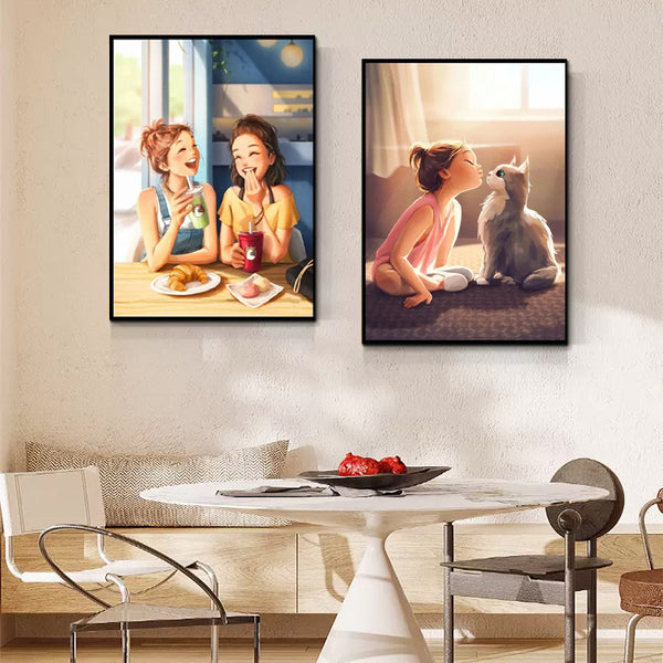 Warm healing department cartoon girl cat small fresh bedroom decoration painting hanging painting living room sofa background wall mural