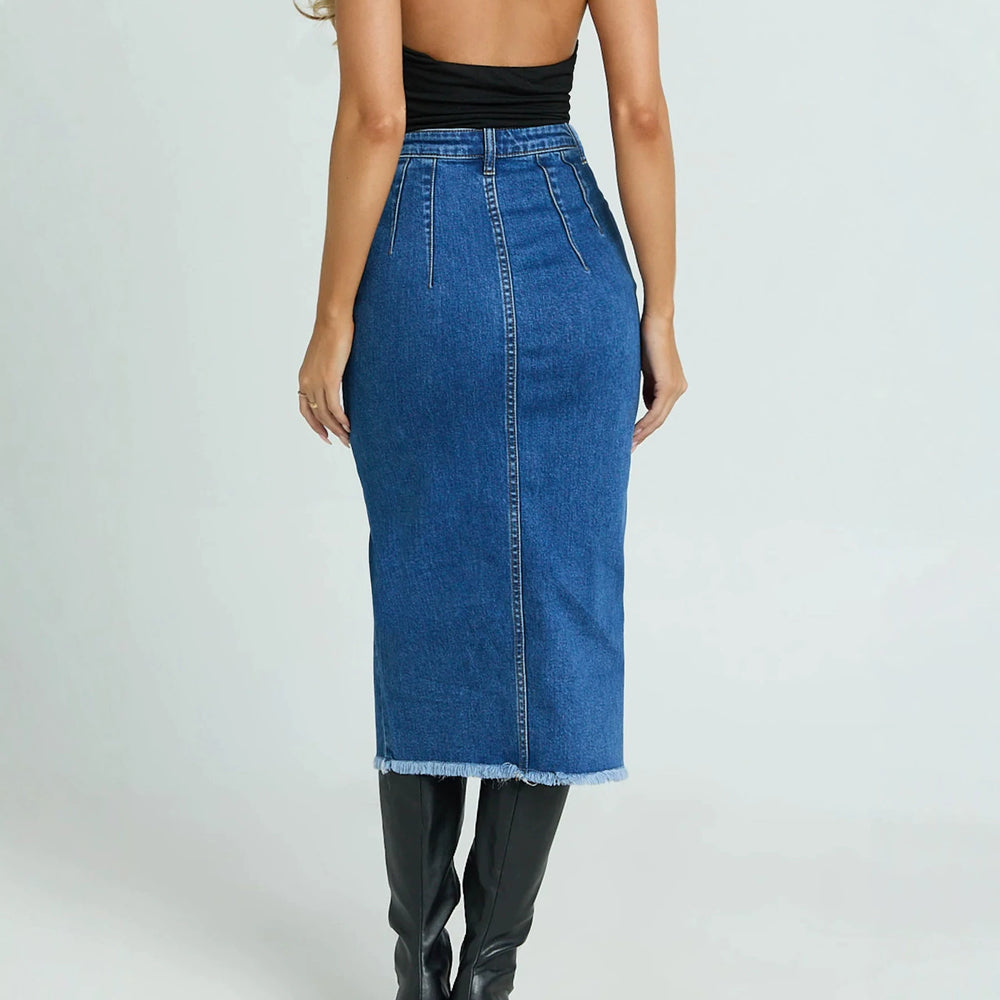 fashion style high elastic half-length denim skirt for women with front slit elegant arm-covering skirt easiest for matchslimming look blue denim skirt