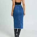 fashion style high elastic half-length denim skirt for women with front slit elegant arm-covering skirt easiest for matchslimming look blue denim skirt