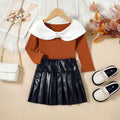 European and american autumn girls' bowknot design off-the-shoulder beaded long-sleeve top and pu leather pleated skirt two-piece set
