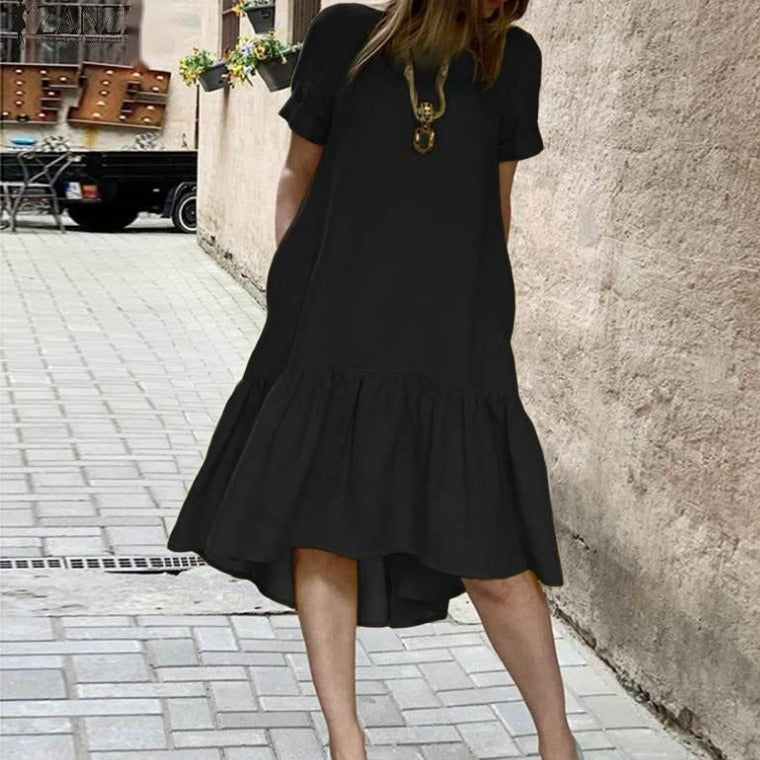 cross-border solid color crew neck short sleeve cotton pullover ruffle hem midi dress for women