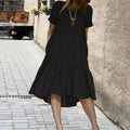 cross-border solid color crew neck short sleeve cotton pullover ruffle hem midi dress for women