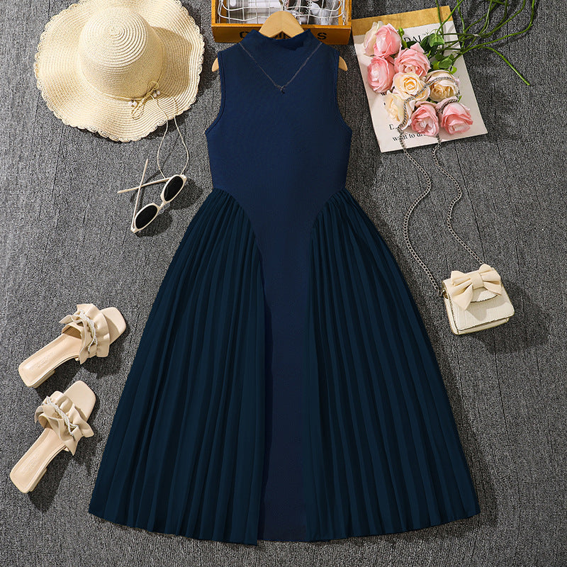 girls' summer dress,  new style, foreign trade european and american style, elegant pleated patchwork, cinched waist, sleeveless formal dress