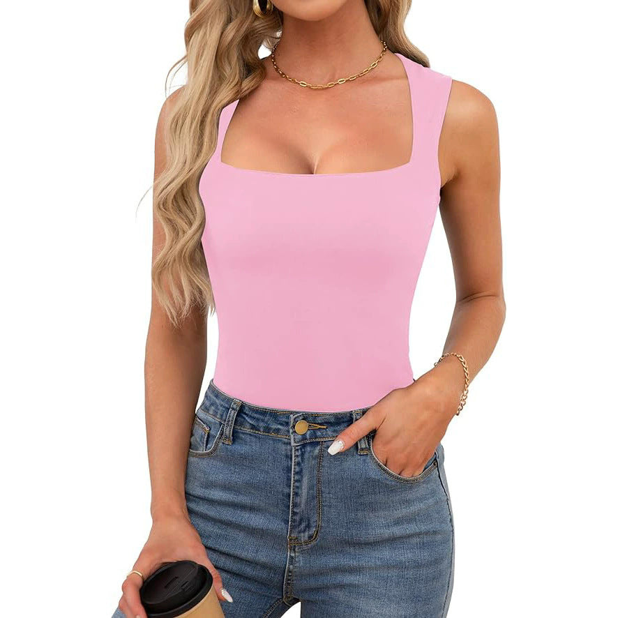2025 Cross-border European and American Spice Girls Wear Sling Vest Women's Summer Sleeveless Off-Shoulder Square Neck Threaded Shoulder Strap Top Women