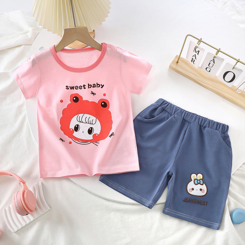 summer kids' short-sleeve set: toddler & children's pure cotton denim casual short-sleeve & shorts two-piece outfit - dropshipping available