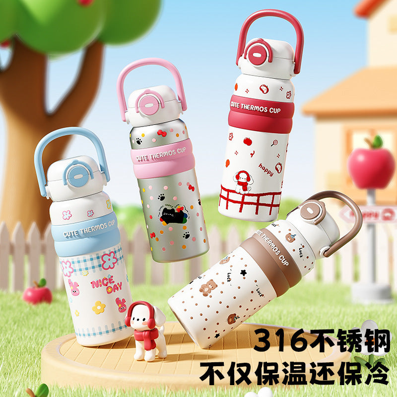 High-value double-drink tumbler: cute cartoon portable 316 stainless steel kids' water bottle with two spouts