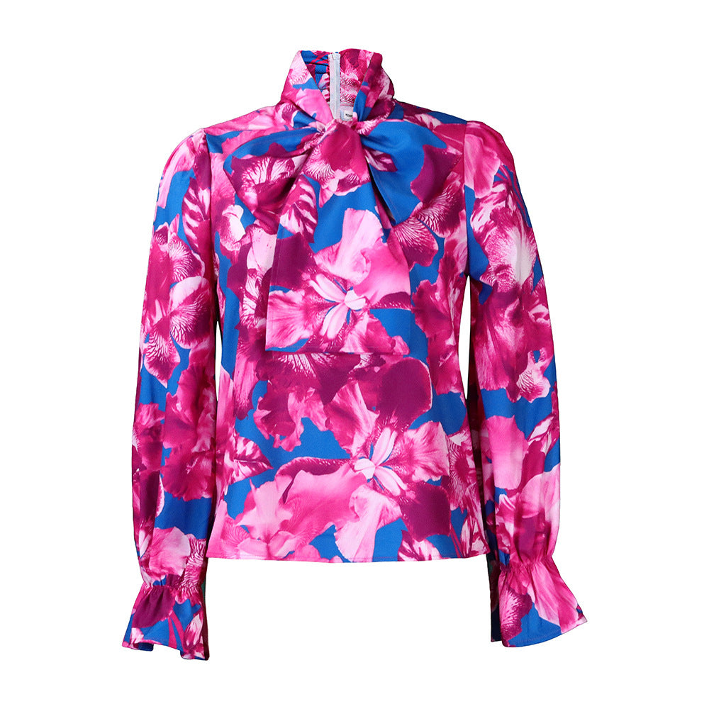 D342 european and american women's clothing  new fashionable elegant slimming printed tie-up shirt plus size african export blouse