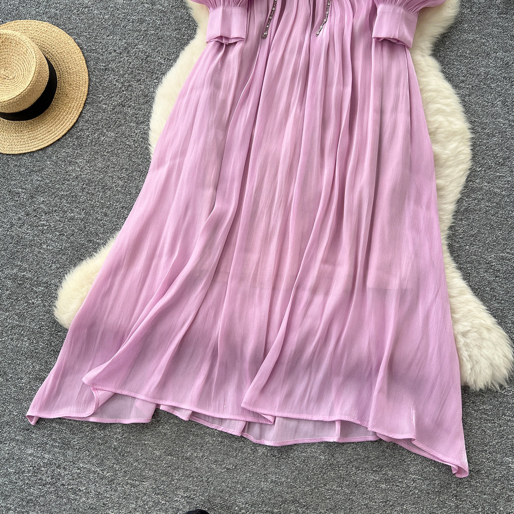 French chic high-end v-neck lantern sleeve tie-waist flowy chiffon maxi dress - elegant women's long dress