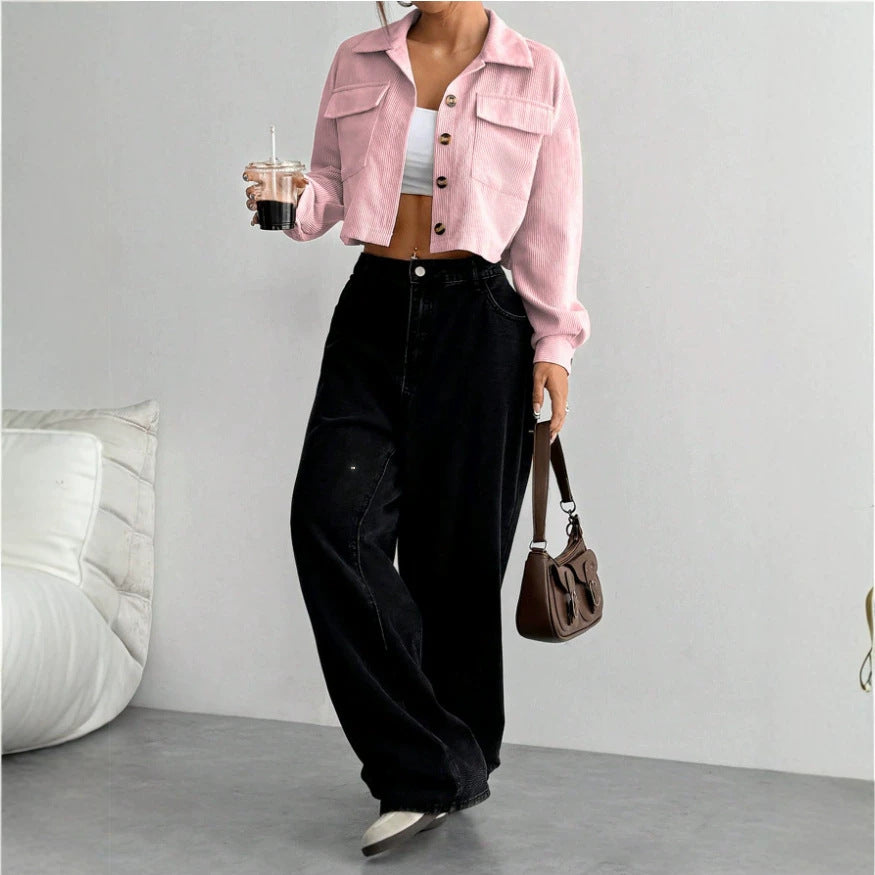 women's long-sleeve solid color cropped jacket - trendy cropped fashion collar casual short coat - european and american style
