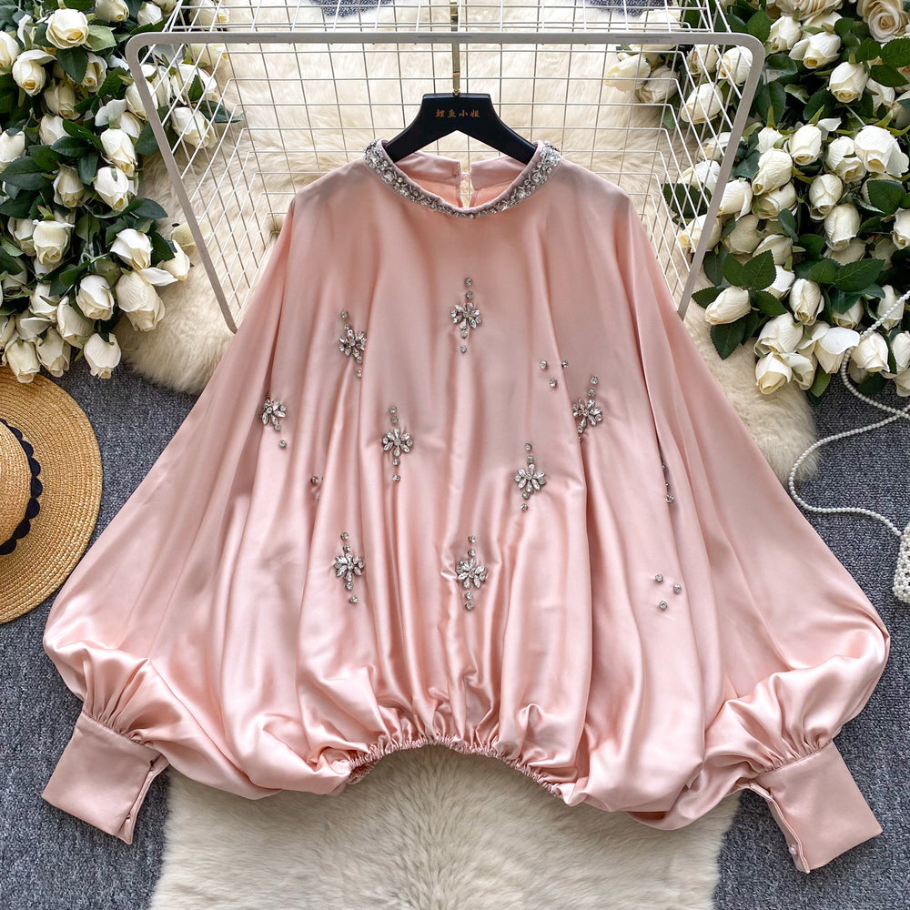 European and american fashion heavy-duty rhinestone embellished round neck lantern sleeve satin blouse - women's autumn fashion loose fit, slimming, and figure-flattering top