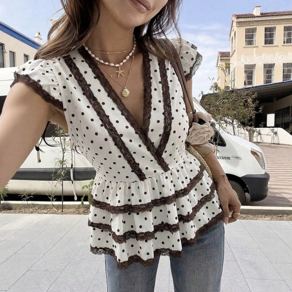 Exportfashion gentle style lacetops small wave pointcontrast colorlacev neck flying sleeves layered ruffle tops