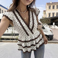 Exportfashion gentle style lacetops small wave pointcontrast colorlacev neck flying sleeves layered ruffle tops