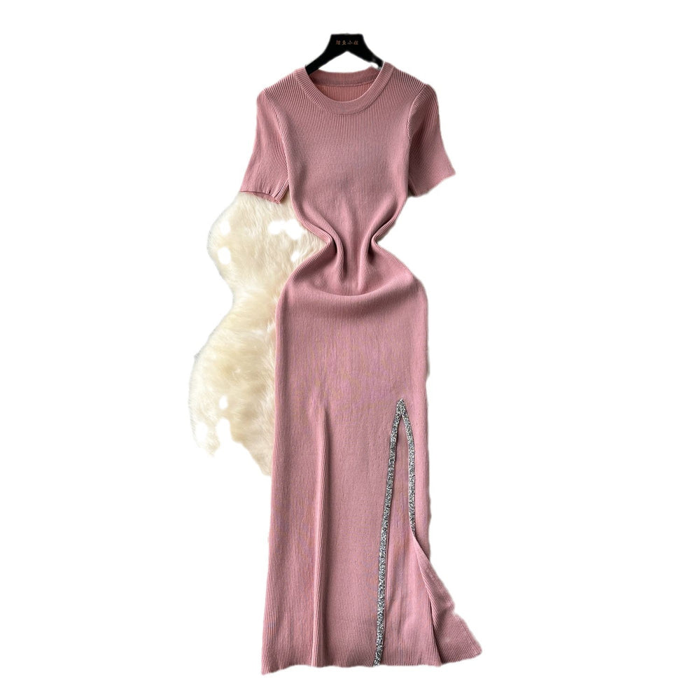 Elegant and chic sequin-embellished midi knit dress for women - summer collection: sexy, slim-fit, round neck, short sleeves, and a flattering slit