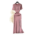 Elegant and chic sequin-embellished midi knit dress for women - summer collection: sexy, slim-fit, round neck, short sleeves, and a flattering slit