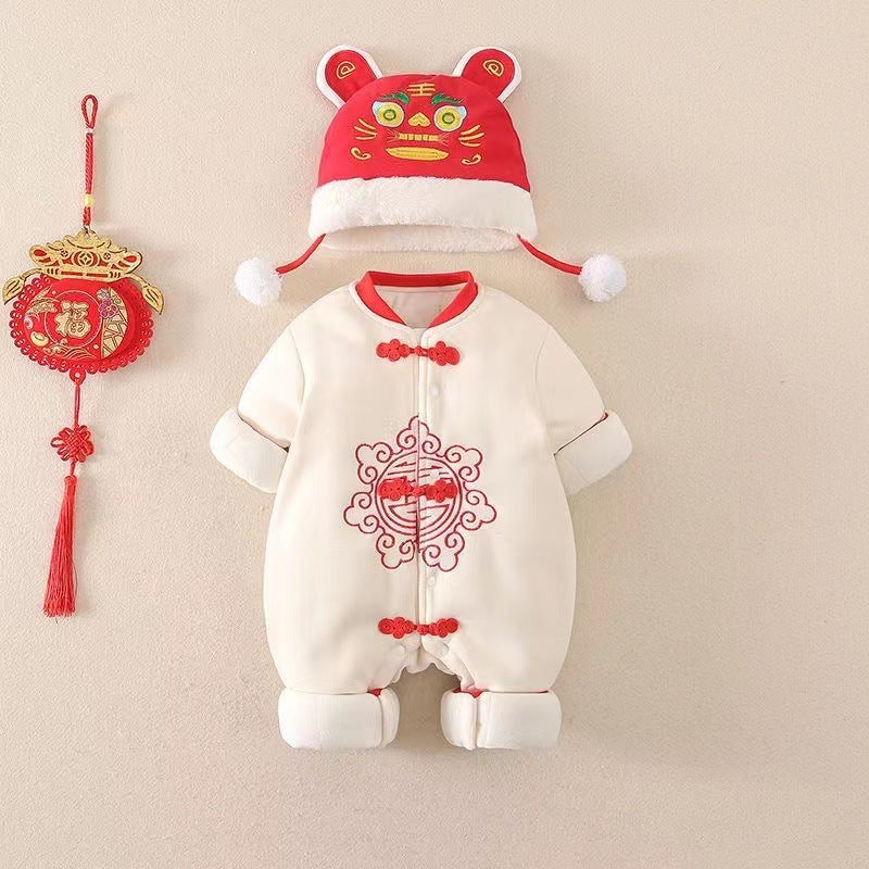 Newborn infant new year outfit festive winter romper thickened hundred-day celebration bodysuit full month new year's day bodysuit