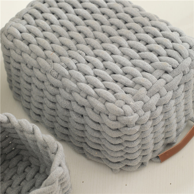 Leather handle twin sundries with handle cotton rope woven storage basket size cosmetics lipstick storage box eyeshadow