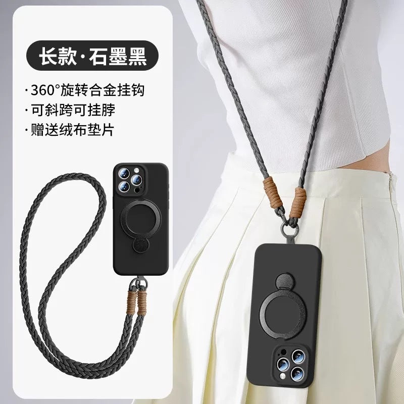 Rotating magnetic lanyard stand compatible with apple iphone 17 pure color liquid silicone case, iphone 15 pro max full coverage