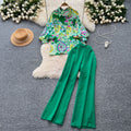 European and american niche style lantern sleeve printed blouse and high-waisted wide-leg casual pants two-piece set - autumn collection