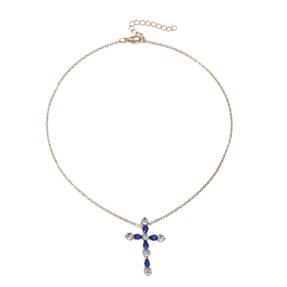 European and american cross pendant necklace with blue diamond accents - women's niche, light luxury, high-end, and trendy clavicle chain jewelry