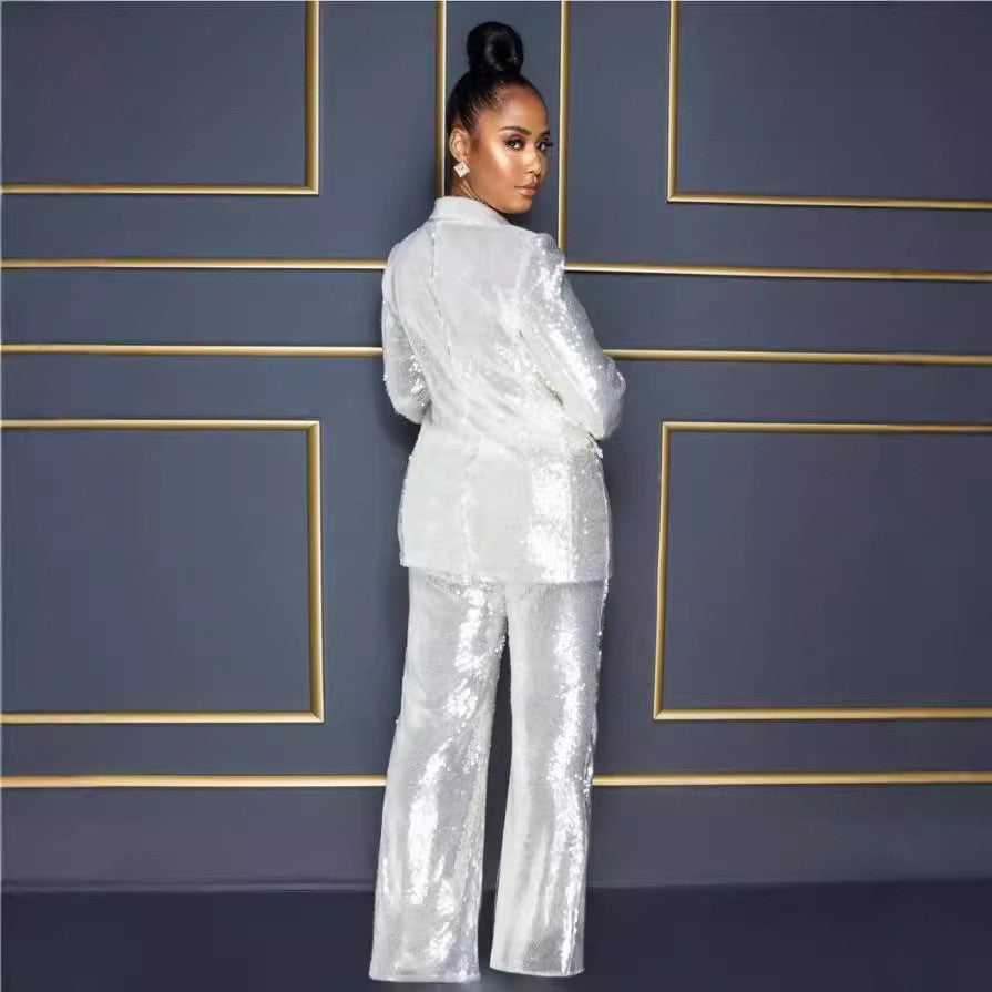 summer cross-border jumpsuit: new european and american style  women's long-sleeve v-neck sequin jumpsuit two-piece set