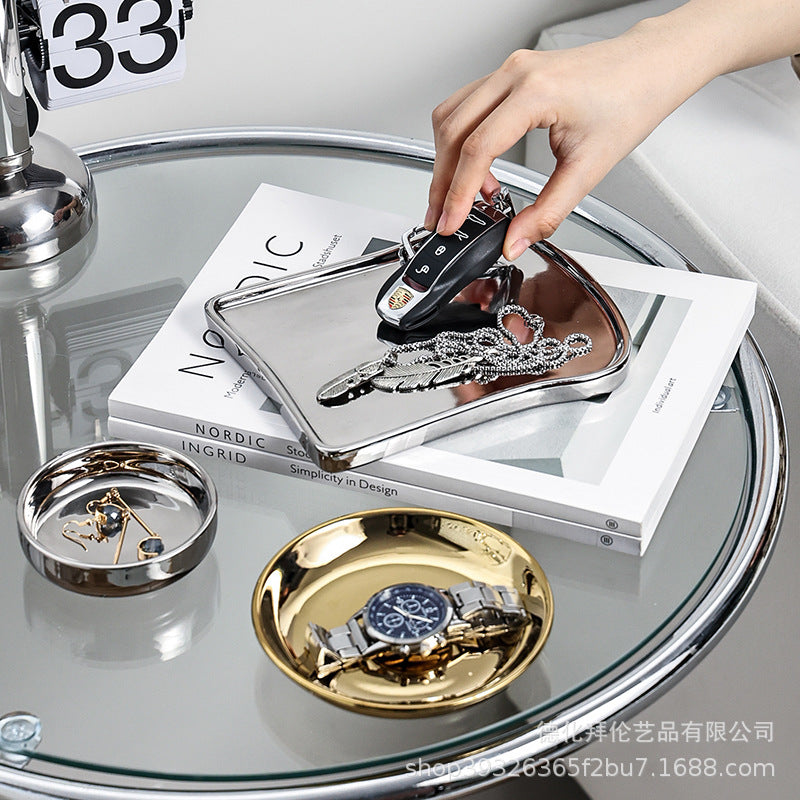 Inscasual silver-plated jewelry ceramic storage tray model room electroplated silver creative desktop ceramic ornaments plate