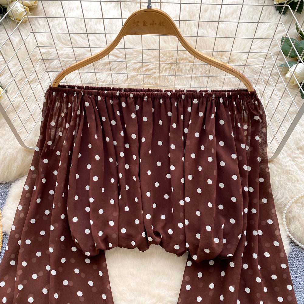 K-style polka dot one shoulder puff sleeve elegantshirt women's springlooselong sleevescardigancomfortable breathabletops