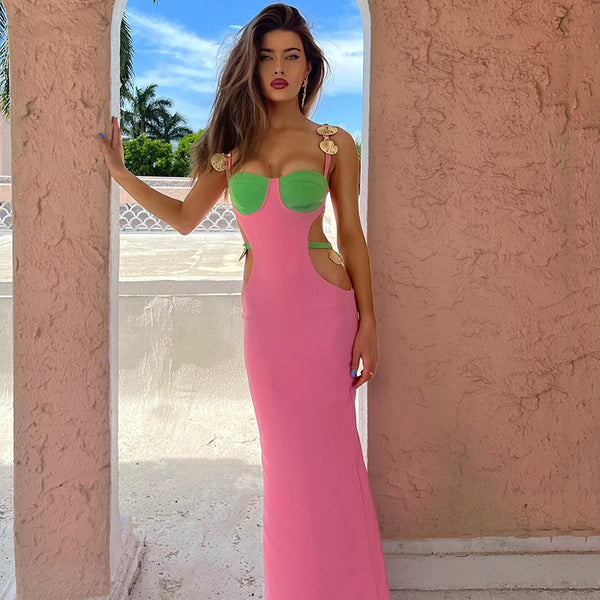 's new contrasting color splicing suspender backless A-word skirt, a hot-selling sexy waist split dress for women in autumn