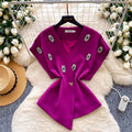 Sense of designasymmetrical heavy industry diamond-encrusted v neck short-sleeved shirt for women springniche style shawl outweartops trendy