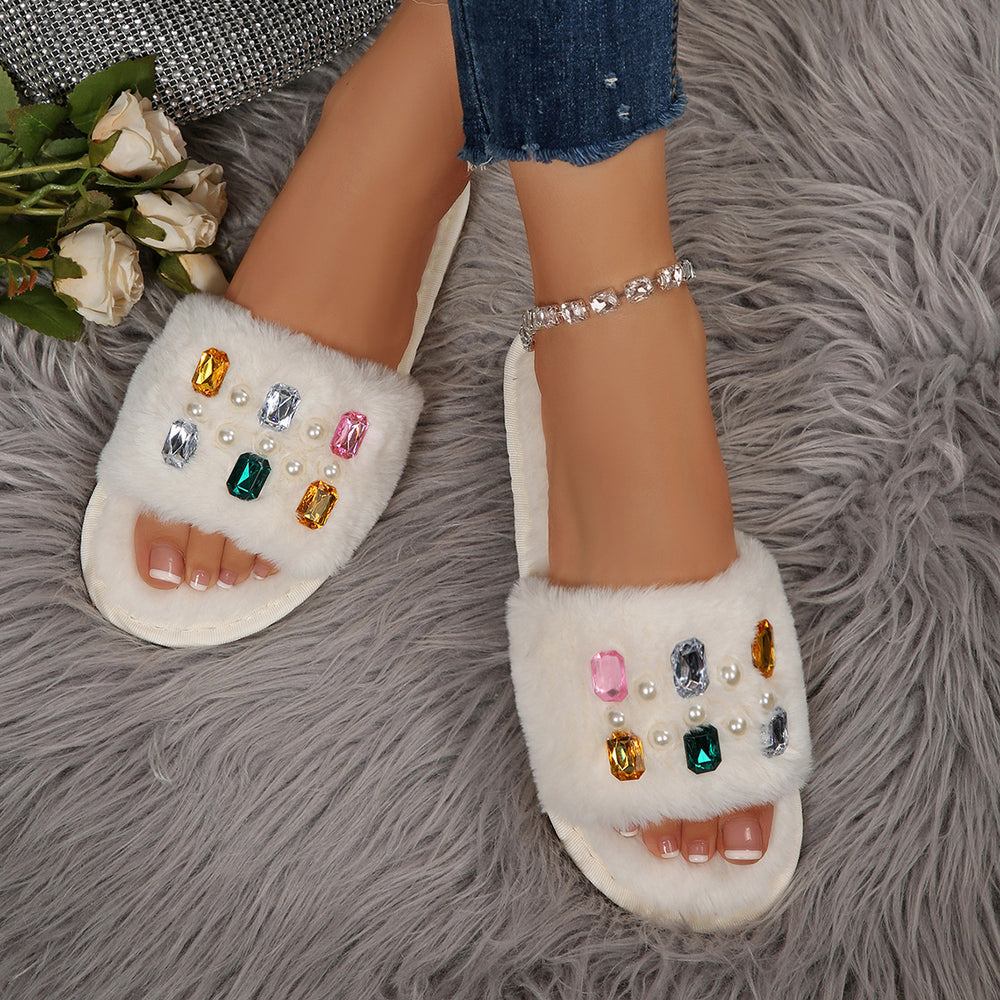 Exportplus size fur slippers 25 years european and american rhinestone women's slippers independent station fur slippers spot wholesale women