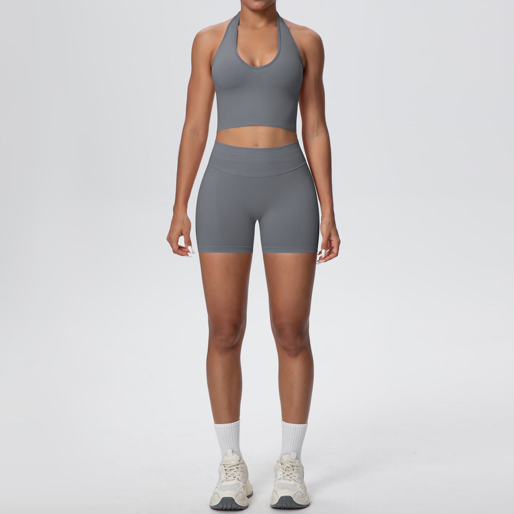 fashion seamless breathable halter back yoga suit running sports fitness yoga suit two-piece set for women