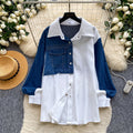 Trendy retro patchwork denim shirt for women - long sleeve, loose fit, cardigan style, versatile and chic top for autumn
