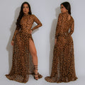 C7308 cross-border   fashion women's sexy leopard print long sleeve slit dress