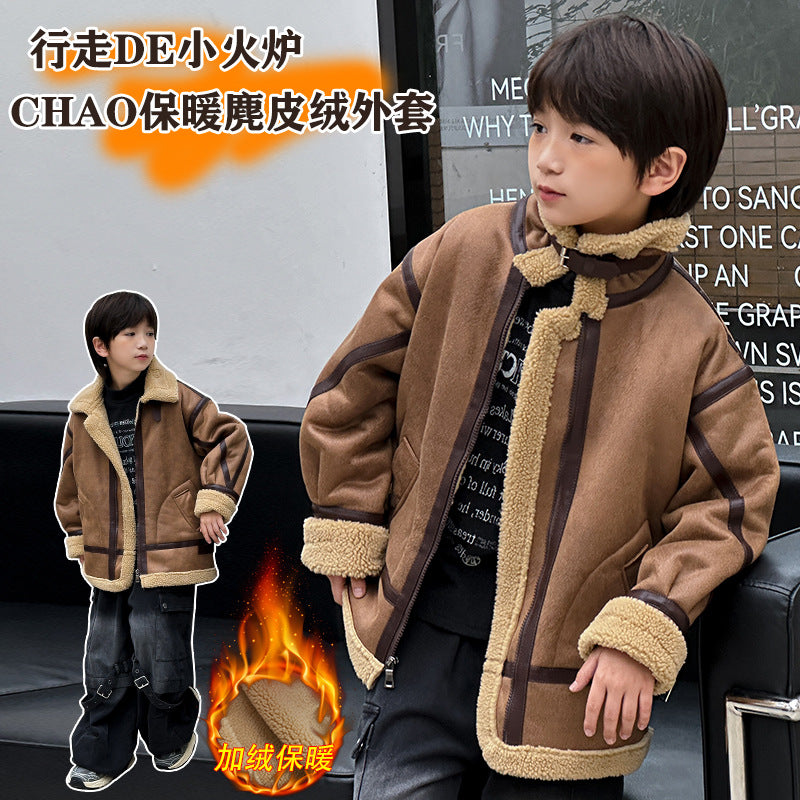 Baby boy winter casualoutwearnew arrivalchildren's stylefleece-linedthickenedboysjackettopstrendy