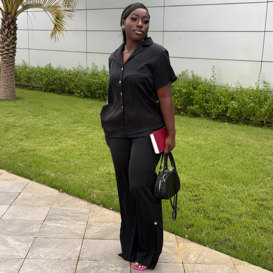 Cross-border European and American women's clothing solid color lapel cardigan shirt top women's African style fashion wide-leg trousers two-piece set