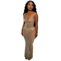 C6613 cross-border   fashion women's solid color mesh rhinestone camisole maxi dress