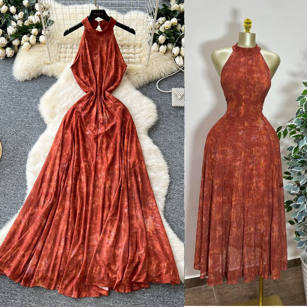 Frenchretro style classy sense of smudged halter sleeveless dress women's summer waist design beautiful long skirt
