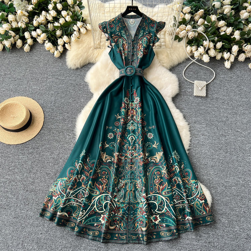 European and american style high-end elegant dress with flutter sleeves, cinched waist, v-neck, single-breasted button detail, and printed design - vintage long dress