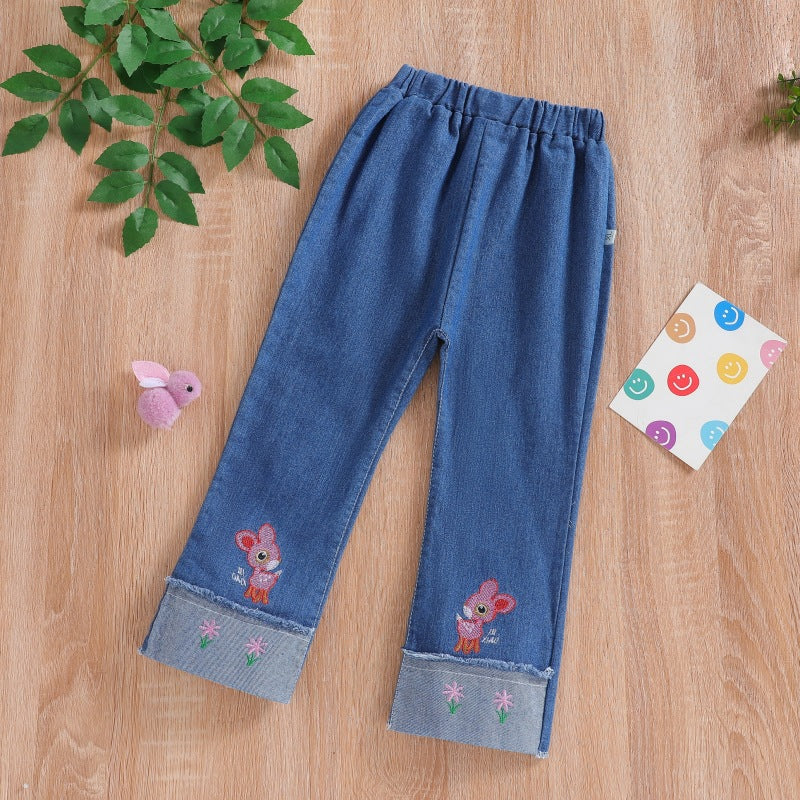 spring/autumn girls' casual embroidered denim fashion pants - korean style, trendy cartoon jeans for toddlers and children