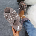 Fall and winternew arrivalmofluffy slippers women's flats home indoor slippers heattech pearl floor cross mofluffy slippers women