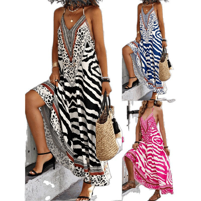 Real shot of fashionexport cross-border 1688 foreign order  animal printing backless halter fashiondress
