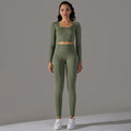 fashion seamless knittingpure color jacquard low-cut tight long sleeves yoga suit sports fitness two-piece set
