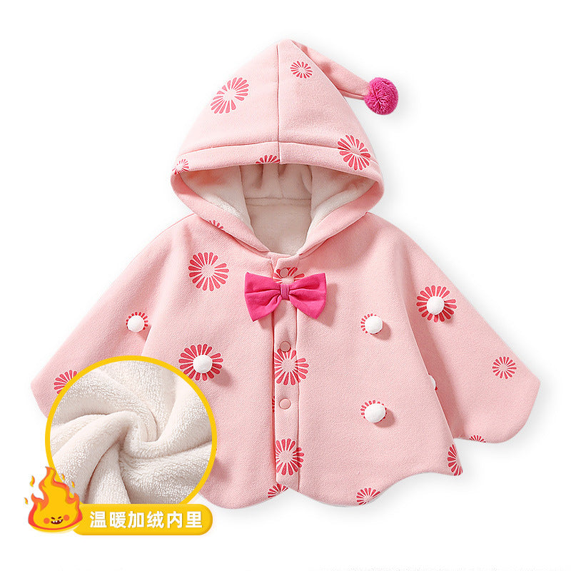 Baby outing cape, girls' winter hooded coat, children's windproof fleece-lined swaddle blanket, korean style princess autumn/winter collection