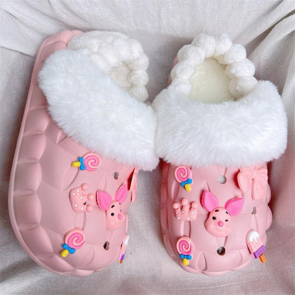 2025 cotton slippers - removable & washable, women's winter home & outdoor wear, thick sole, closed heel, fleece-lined, cartoon design, warm & cozy