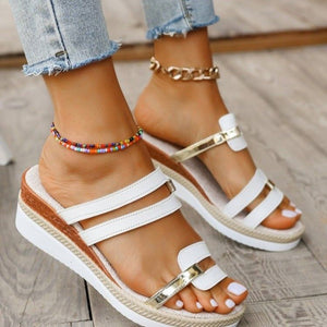 Plus size wedge heel flat casual sandals & slippers for women -  new european & american fashion color block chunky sole roman sandals
