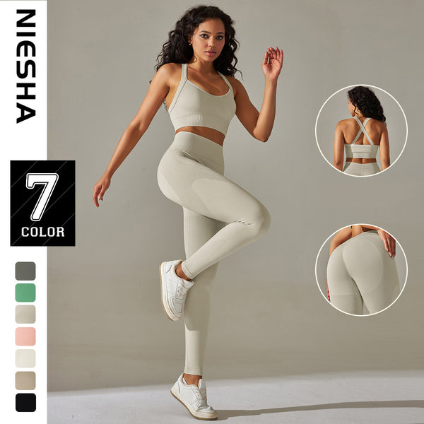 Europe, America,  breathable knitted sexy bra, peach hip belly yoga pants, sports yoga fitness suit set