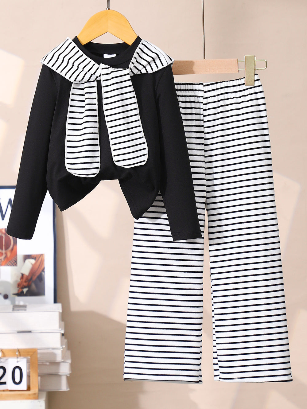 Girls' two-piece set: solid color long-sleeve top and striped flare pants with shawl