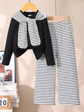 Girls' two-piece set: solid color long-sleeve top and striped flare pants with shawl