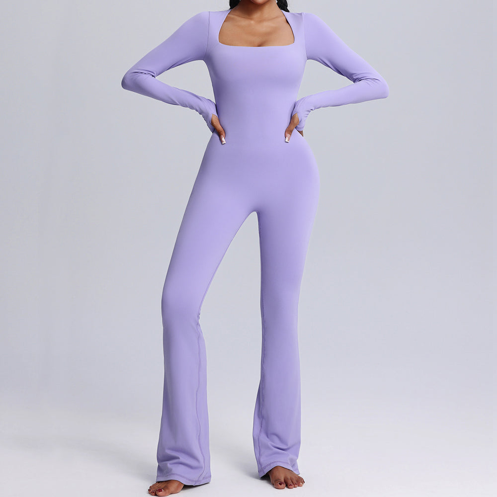 european and american new long-sleeve bodysuit yoga outfit - high-stretch, breathable dance & fitness activewear - women's flare leg bodysuit