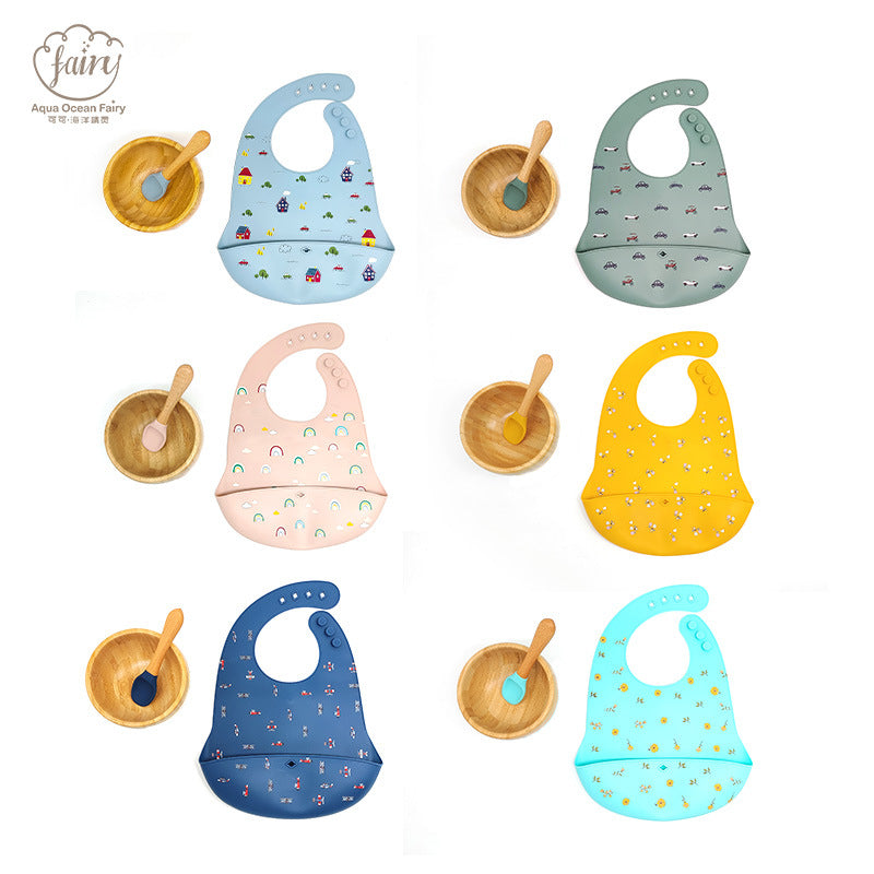 Cross-border wholesale food-grade silicone children's tableware set, saliva pocket, suction cup, bowl, fork and spoon 3-piece set, feeding set.