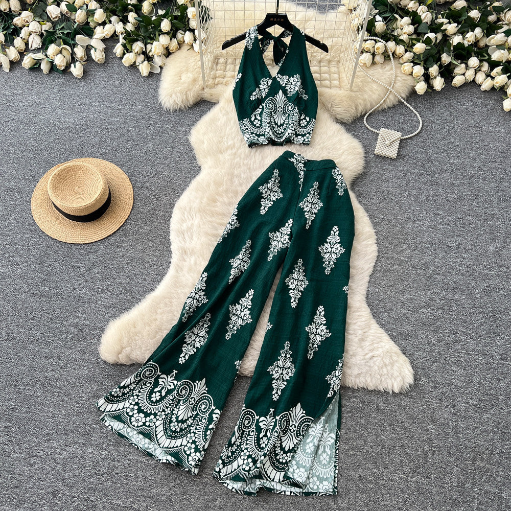 Vacation-style printed halter sleeveless dress women's summer lazy high-waisted wide-leg pants two-piece set - premium feel